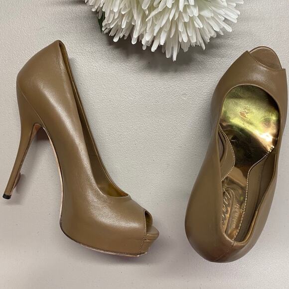 Gucci Designer Shoe High Heels Open Toe Platform Pump Nappa Leather Marron Taupe - Picture 1 of 10